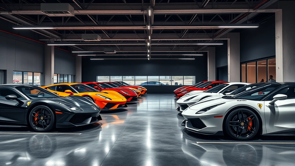 Multiple supercars lined up in luxury garage showroom, professional lighting highlighting vehicle details, polished performance vehicles displayed, contemporary indoor setting with modern architecture