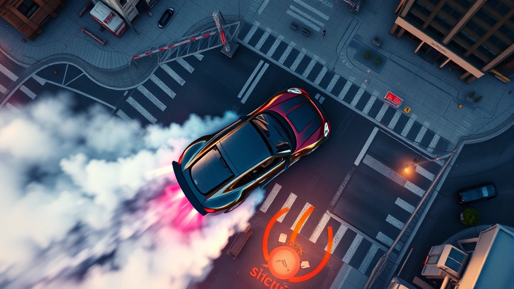 Dramatic aerial view of sports car drifting through downtown Los Santos intersection, dynamic action shot, urban landscape below, photorealistic vehicle rendering, high-speed motion captured