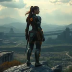 A strong female warrior character with glowing technology armor standing atop a mountain overlooking a vast post-apocalyptic landscape with ancient ruins and nature reclaiming civilization, photorealistic, dramatic lighting, no UI elements