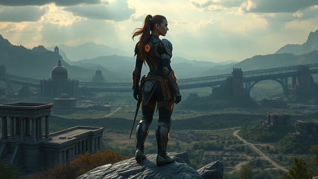 A strong female warrior character with glowing technology armor standing atop a mountain overlooking a vast post-apocalyptic landscape with ancient ruins and nature reclaiming civilization, photorealistic, dramatic lighting, no UI elements
