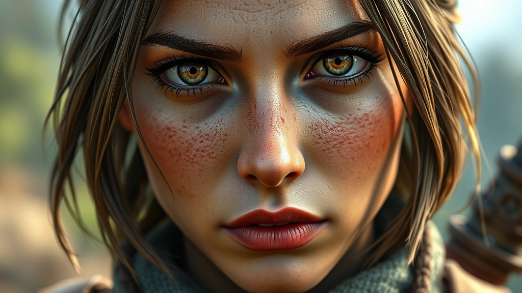 Close-up portrait of a determined female game protagonist with intense eyes and weathered features showing character depth and emotional complexity, photorealistic, natural lighting, gaming art style, no text or interface