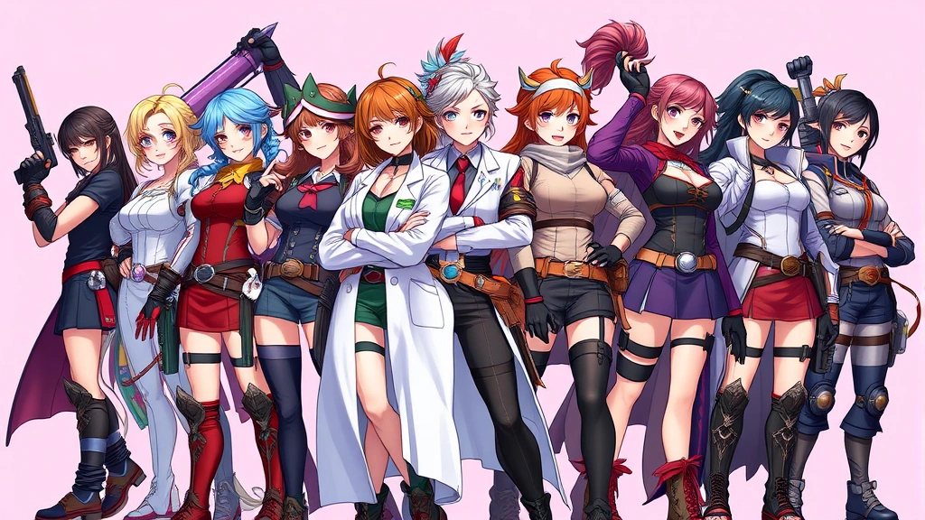 Multiple diverse female characters from different game genres standing together including warriors, scientists, and adventurers in a dynamic action pose, photorealistic illustration style, vibrant colors, no HUD elements or game menus visible