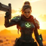A fierce female warrior with glowing tech components integrated into her armor, standing in a post-apocalyptic desert landscape at golden hour, photorealistic, cinematic lighting, dynamic action pose, determined expression, futuristic equipment visible