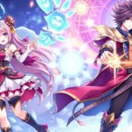 Vibrant anime-style characters with feminine and androgynous male designs in fantasy RPG setting, glowing magical effects, detailed clothing and accessories, dynamic action poses