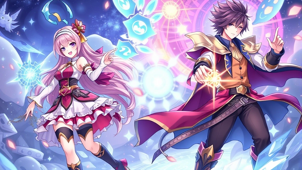 Vibrant anime-style characters with feminine and androgynous male designs in fantasy RPG setting, glowing magical effects, detailed clothing and accessories, dynamic action poses