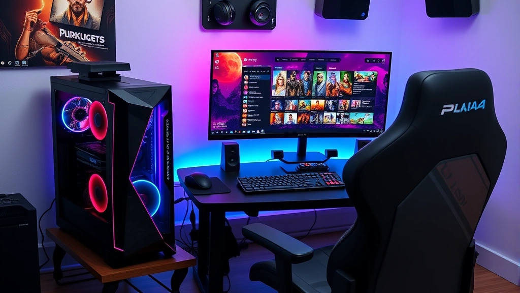 Modern gaming setup with high-end gaming PC displaying colorful character roster on monitor, RGB lighting, gaming peripherals, comfortable gaming chair in professional streamer setup