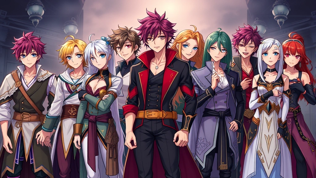 Diverse group of animated male characters with feminine features and stylish outfits standing together in dramatic scene, vibrant colors, fantasy medieval and modern clothing fusion