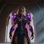 A powerful female warrior with glowing purple armor standing confidently in a fantasy temple, dramatic lighting from behind, cinematic perspective, photorealistic fantasy art style, no UI elements visible