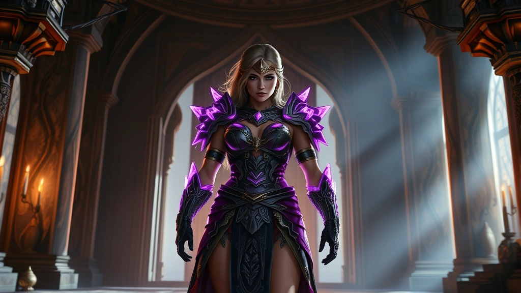 A powerful female warrior with glowing purple armor standing confidently in a fantasy temple, dramatic lighting from behind, cinematic perspective, photorealistic fantasy art style, no UI elements visible