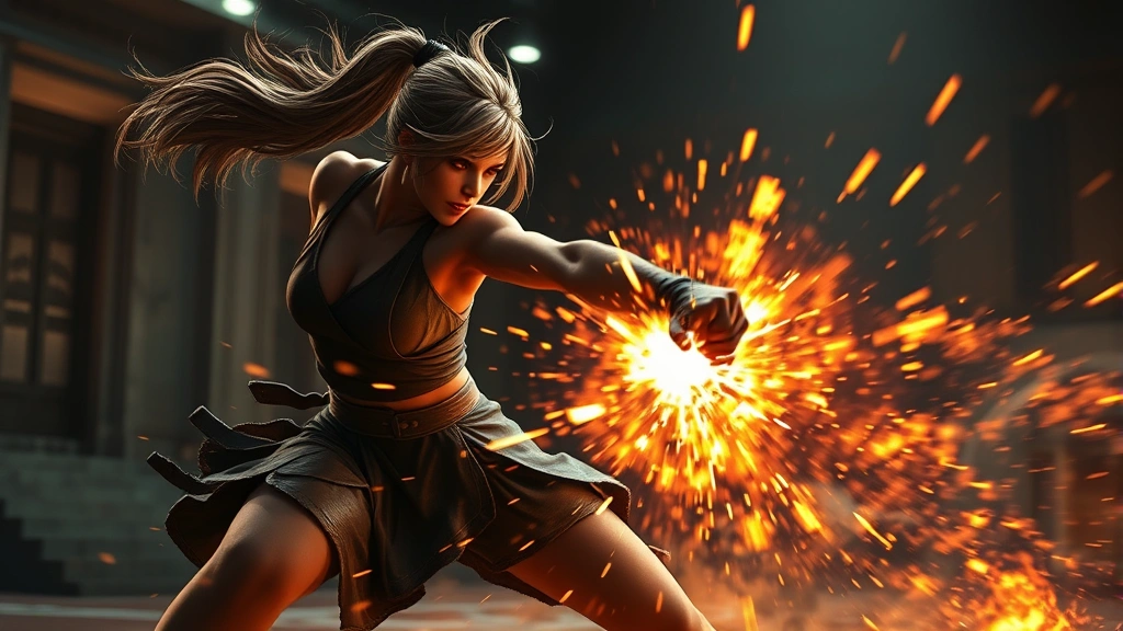 An intense action scene showing a skilled female fighter mid-combat with dynamic motion blur, explosive energy effects around her, dark atmospheric lighting, photorealistic video game graphics quality