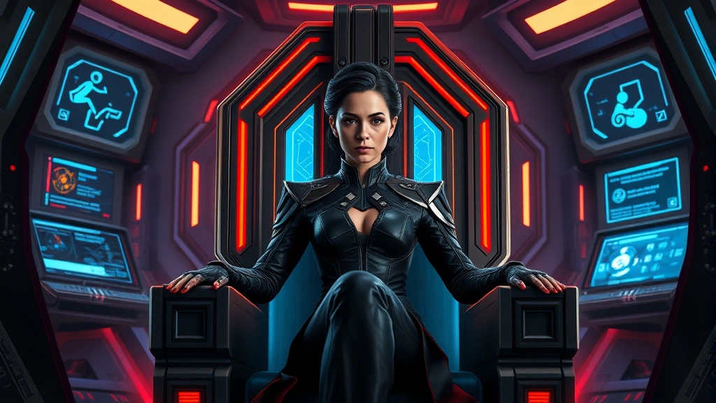 A commanding female leader seated on a throne in a futuristic sci-fi setting, surrounded by holographic displays and advanced technology, confident expression, photorealistic digital rendering, no text or menus visible