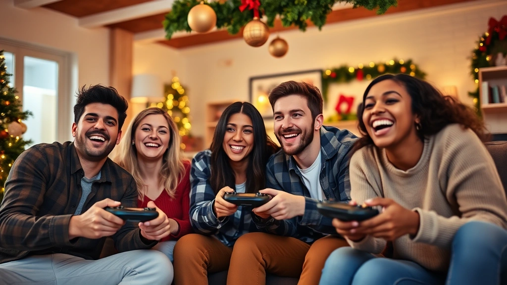 Group of diverse friends laughing while playing video games together in festive decorated living room with warm lighting and holiday ornaments hanging from ceiling, holding controllers with joyful expressions