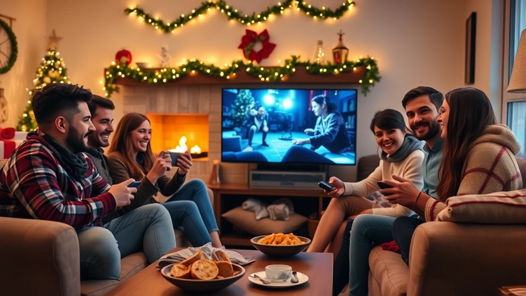 Festive gaming celebration scene with people sitting on comfortable couch around large TV screen, decorative garland and twinkling lights visible, warm fireplace glow in background, snacks on coffee table, everyone smiling and engaged