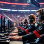 Professional esports players competing in a tactical shooter tournament, sitting at gaming desks with multiple monitors, wearing team jerseys, intense focused expressions, modern stadium lighting, high-end gaming peripherals visible