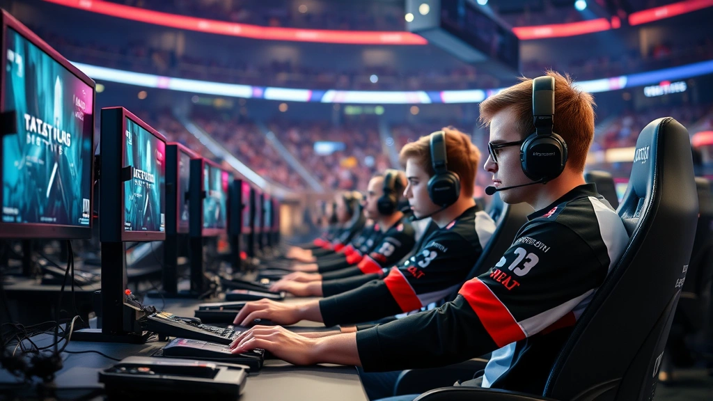 Professional esports players competing in a tactical shooter tournament, sitting at gaming desks with multiple monitors, wearing team jerseys, intense focused expressions, modern stadium lighting, high-end gaming peripherals visible