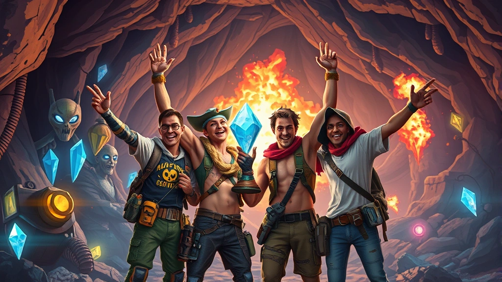Four diverse players celebrating victory in a cooperative cave exploration game, surrounded by glowing alien crystals and mining equipment, dynamic action with explosions and environmental hazards in background, vibrant underground cavern setting