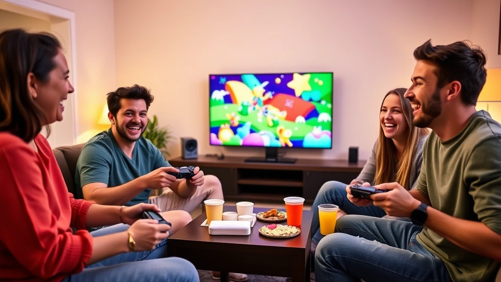 Group of friends laughing while playing a colorful party game together on console, sitting on couch with controllers, bright cheerful graphics on TV screen, casual living room atmosphere with snacks and drinks nearby, genuine joy and friendship