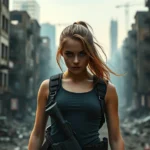 Young female protagonist standing in dystopian ruined cityscape with determination in eyes, wearing tactical gear, dramatic lighting, cinematic composition, photorealistic