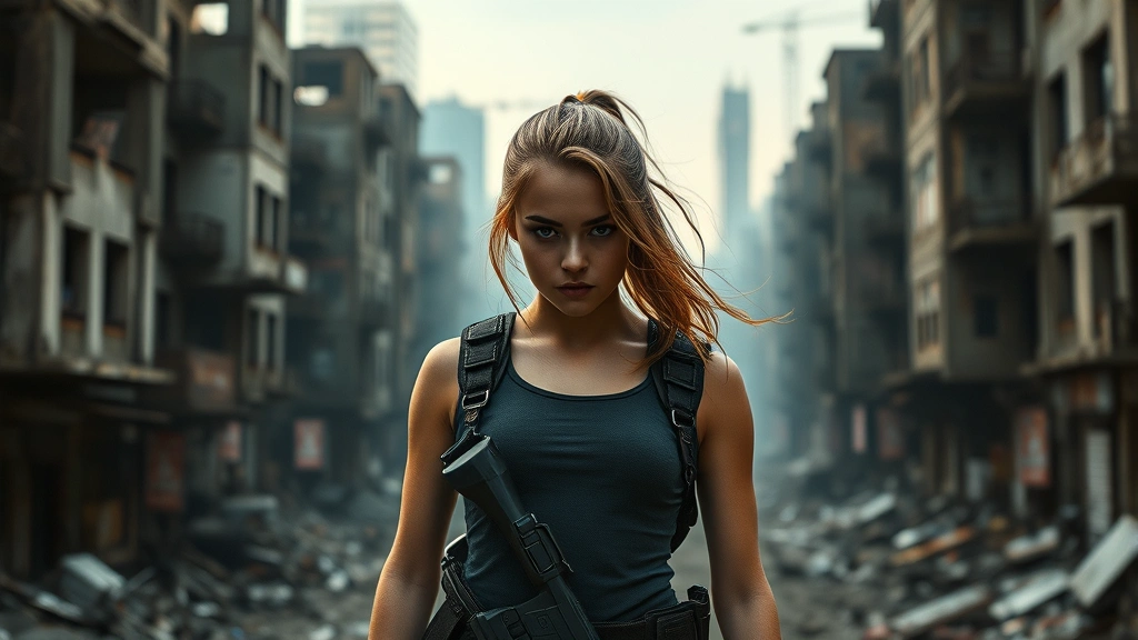 Young female protagonist standing in dystopian ruined cityscape with determination in eyes, wearing tactical gear, dramatic lighting, cinematic composition, photorealistic