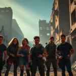 A group of young diverse survivors standing in a dystopian wasteland with crumbling architecture, intense lighting casting long shadows, wearing tactical gear, photorealistic cinematic composition, dramatic survival atmosphere