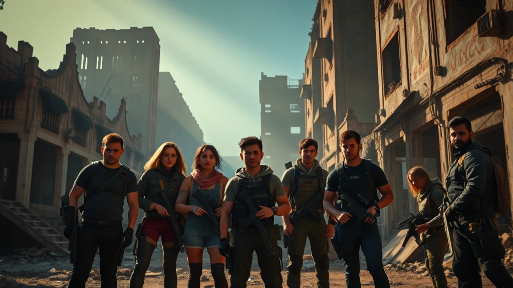 A group of young diverse survivors standing in a dystopian wasteland with crumbling architecture, intense lighting casting long shadows, wearing tactical gear, photorealistic cinematic composition, dramatic survival atmosphere