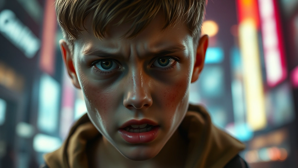 Close-up of a determined young protagonist's face showing resolve and fear, neon-lit dystopian cityscape blurred in background, professional film lighting, cinematic depth of field, intense emotional expression