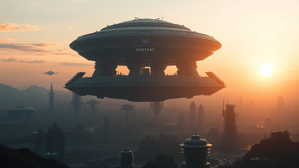 Massive futuristic structure or arena in dramatic landscape—floating station, enclosed maze, or dystopian cityscape—photorealistic scale and architecture, sunset lighting creating silhouettes, cinematic grandeur without UI elements