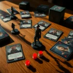 Tabletop board game setup showing Final Girl game components including cards, killer miniature, and survivor tokens arranged on a wooden table with dramatic lighting and shadows creating horror atmosphere