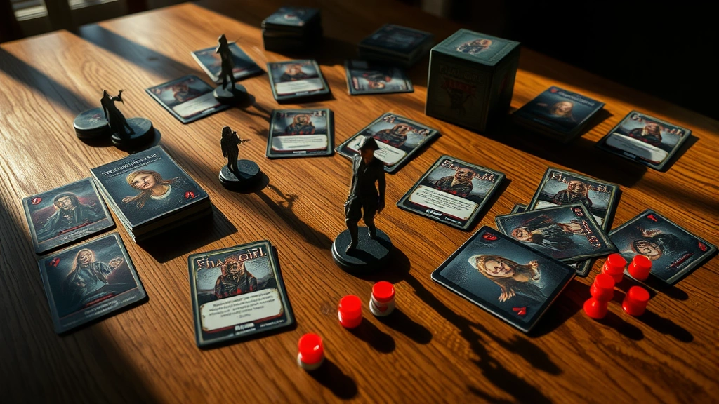 Tabletop board game setup showing Final Girl game components including cards, killer miniature, and survivor tokens arranged on a wooden table with dramatic lighting and shadows creating horror atmosphere