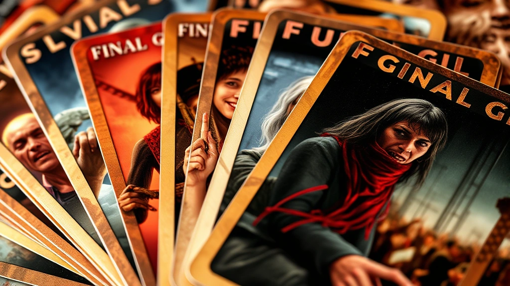 Close-up of Final Girl game cards fanned out displaying intricate horror artwork and detailed illustrations of survivors and killer scenarios with cinematic quality photography
