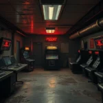 Photorealistic underground pizzeria control room with multiple security monitors displaying red warning indicators, dusty atmosphere with dim emergency lighting casting long shadows, abandoned arcade machines visible in background, no text or UI elements