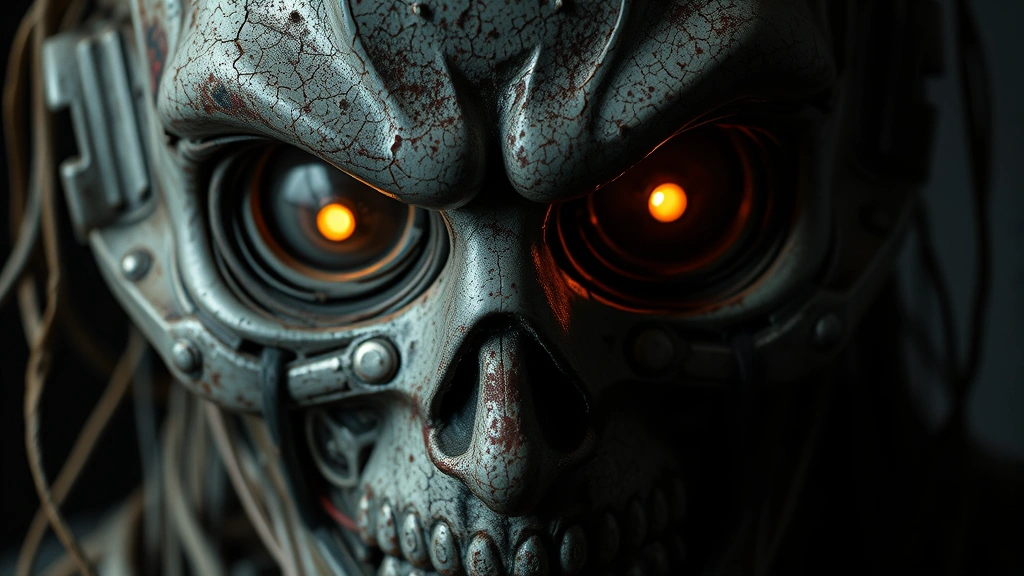 Detailed animatronic head close-up showing weathered metal, cracked paint, glowing LED eyes in darkness, mechanical internal components partially visible, haunting and unsettling expression, cinematic lighting emphasizing texture and decay