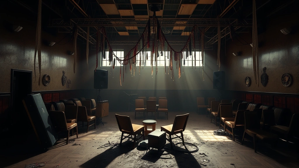 Atmospheric abandoned restaurant interior with overturned chairs, broken stage equipment, hanging decorations in disrepair, single spotlight creating dramatic shadows, eerie silence conveyed through environmental storytelling, photorealistic deterioration
