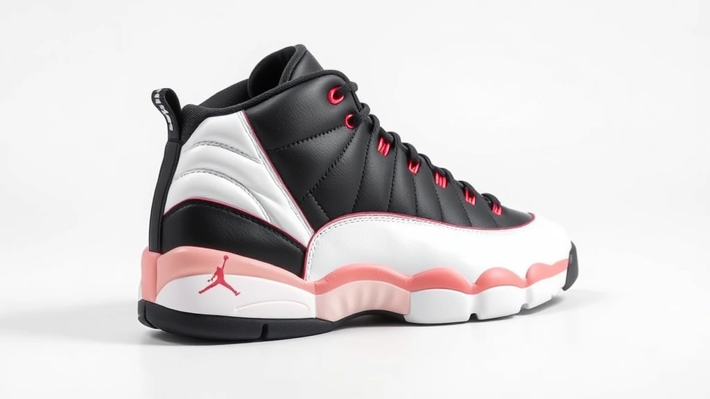 Professional product photography of black and white Air Jordan 12 sneaker with red accent stripes, displayed on neutral white background, studio lighting, photorealistic, side profile view, no text or logos visible