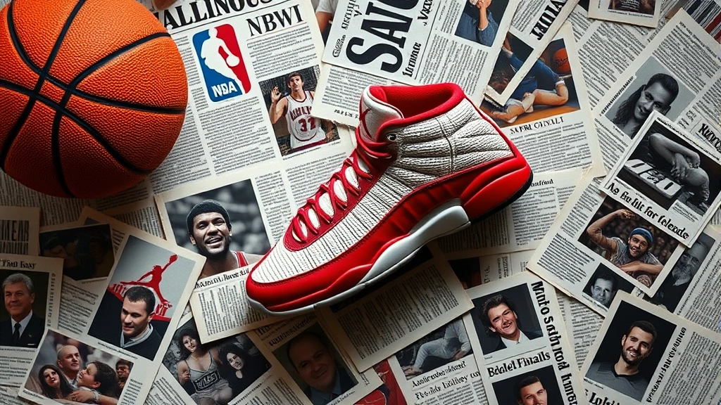 Overhead flat lay composition of Air Jordan 12 Flu Game sneaker with basketball and vintage newspaper clippings from 1997 NBA Finals scattered artistically, warm natural lighting, photorealistic, no text overlay