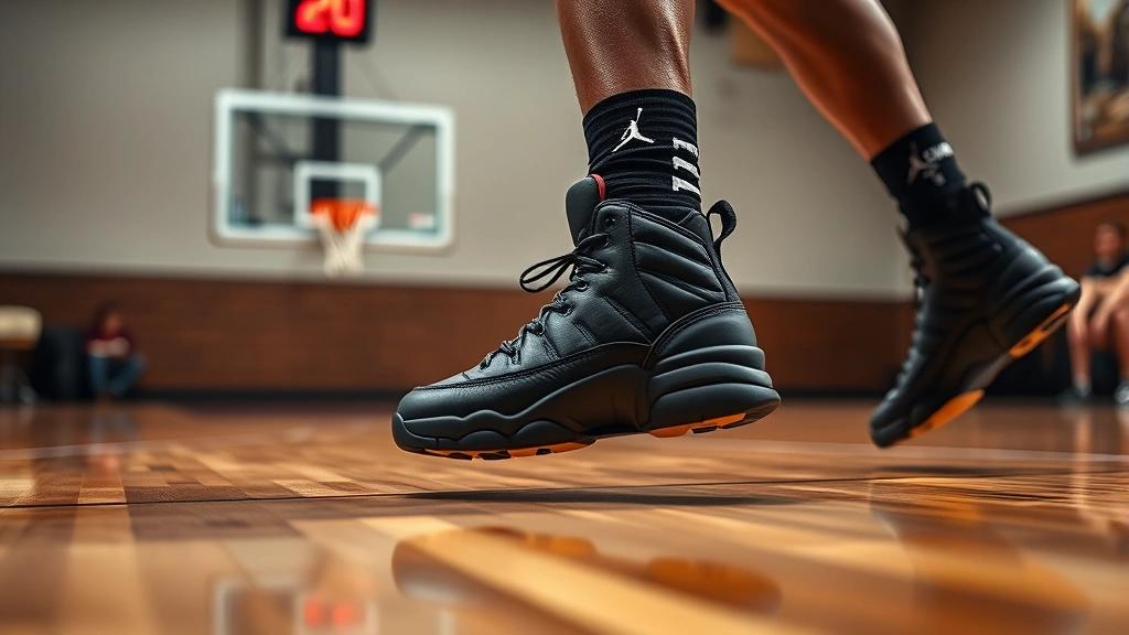 Action shot of basketball player wearing black Air Jordan 12 Flu Game sneakers on polished wooden court, dynamic movement captured mid-game, professional sports photography style, photorealistic, no UI elements