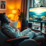 Cozy gaming setup with comfortable ergonomic chair, warm lighting, controller on armrest, hot beverage on side table, peaceful home interior, person relaxing while playing on large monitor
