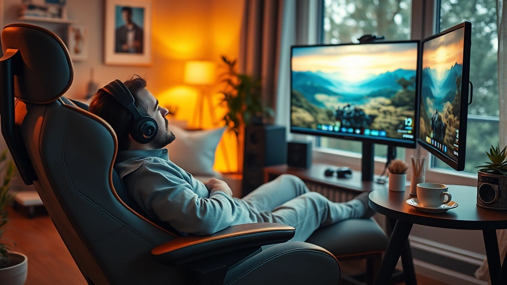 Cozy gaming setup with comfortable ergonomic chair, warm lighting, controller on armrest, hot beverage on side table, peaceful home interior, person relaxing while playing on large monitor