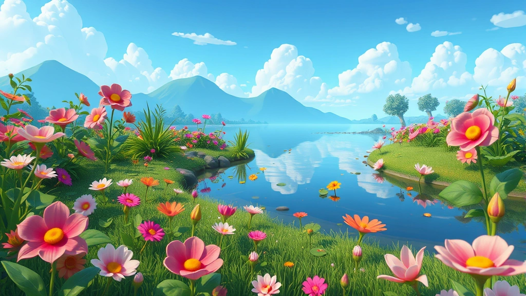 Colorful indie game scene showing peaceful garden with blooming flowers, calm water reflections, vibrant nature elements, serene landscape, no UI elements visible, artistic style