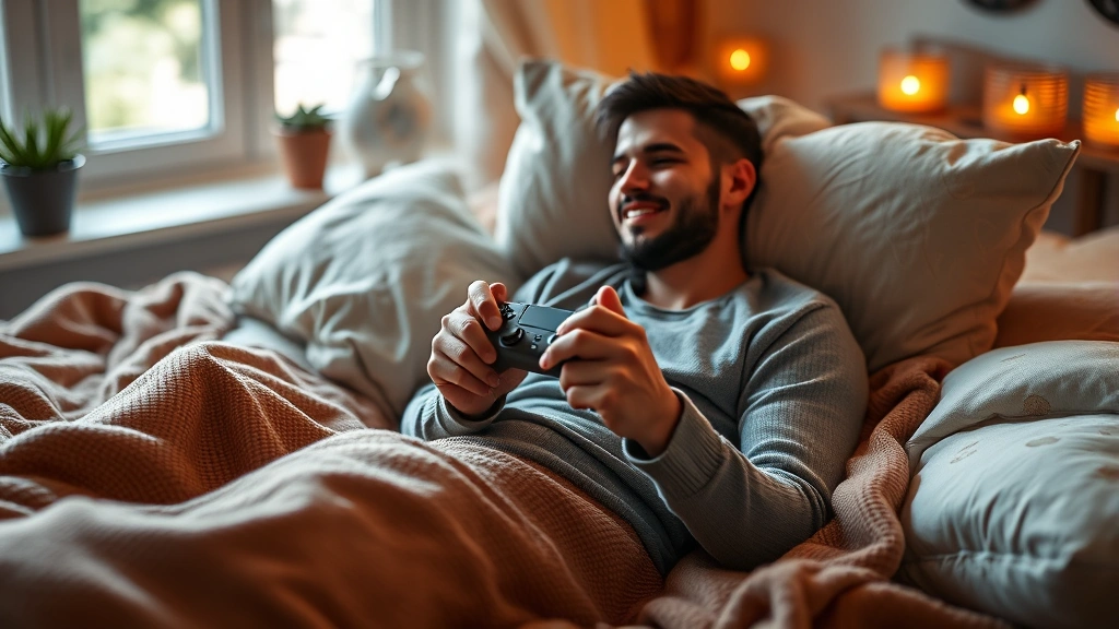 Player holding controller in comfortable position, surrounded by pillows and blankets, warm cozy bedroom setting, soft natural lighting, relaxed gaming posture, recovery-focused environment
