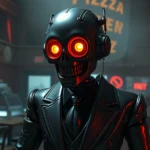 Photorealistic animatronic character with glowing red eyes in dark abandoned pizzeria, dramatic lighting, metallic reflections on suit, horror atmosphere, no UI elements