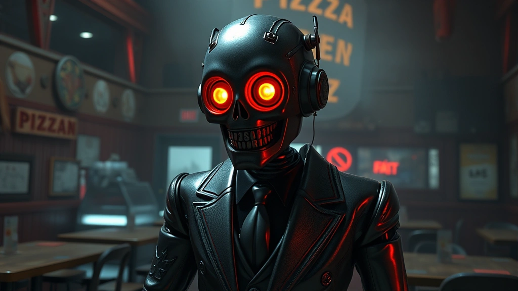 Photorealistic animatronic character with glowing red eyes in dark abandoned pizzeria, dramatic lighting, metallic reflections on suit, horror atmosphere, no UI elements