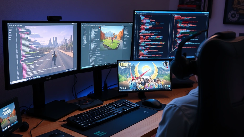 Indie game developer workspace with multiple monitors displaying game code and 3D models, gaming setup with keyboard and mouse, creative environment, no text visible