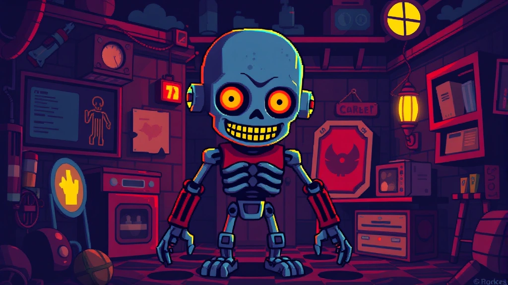 Retro pixel art style animatronic character in 8-bit nostalgic setting, vibrant color palette with dark shadows, classic horror game aesthetic, no game menus or text