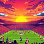 Vibrant pixel art football stadium at sunset with excited crowd, teams in colorful uniforms preparing for match kickoff, dynamic action-ready atmosphere, retro arcade aesthetic