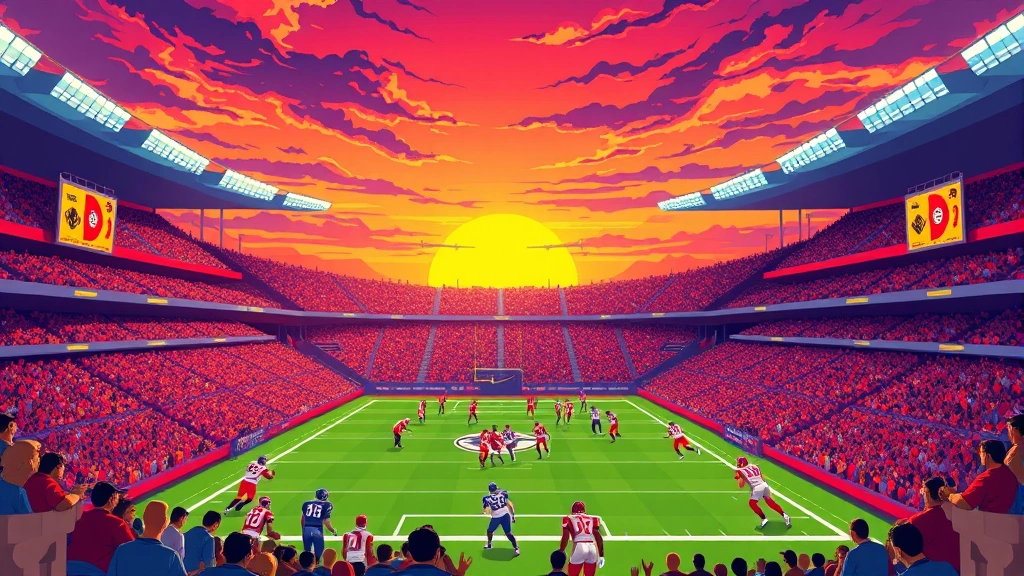 Vibrant pixel art football stadium at sunset with excited crowd, teams in colorful uniforms preparing for match kickoff, dynamic action-ready atmosphere, retro arcade aesthetic