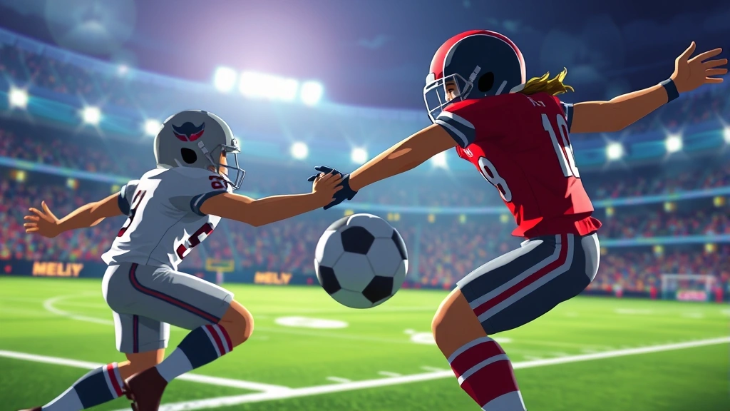 Close-up of animated pixel art football players executing a dramatic pass play mid-action, stadium lights glowing in background, motion blur effects suggesting intense gameplay moment