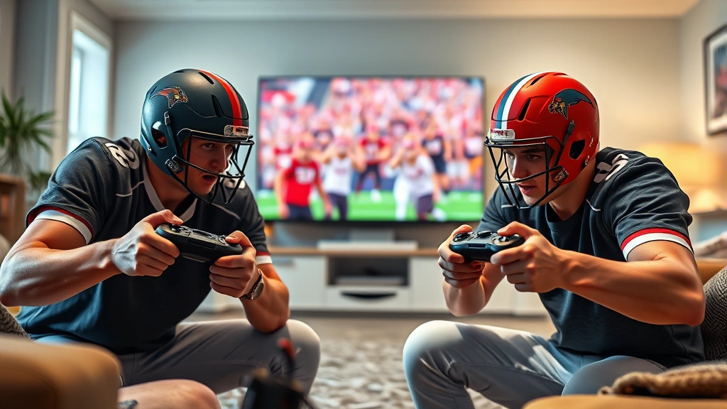 Split-screen local multiplayer setup showing two players competing in Football Bros, controllers in hands, intense focused expressions, living room gaming environment with excitement