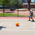Competitive four square game in progress, four players in athletic stance on court with rubber ball mid-bounce, chalk-marked square boundaries visible, outdoor sunny playground setting