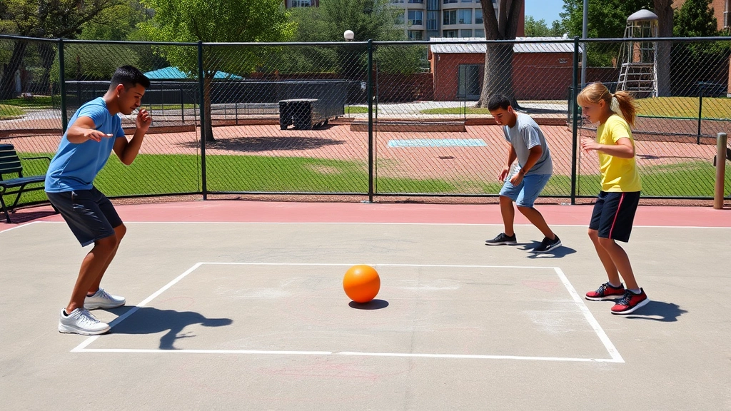 Competitive four square game in progress, four players in athletic stance on court with rubber ball mid-bounce, chalk-marked square boundaries visible, outdoor sunny playground setting